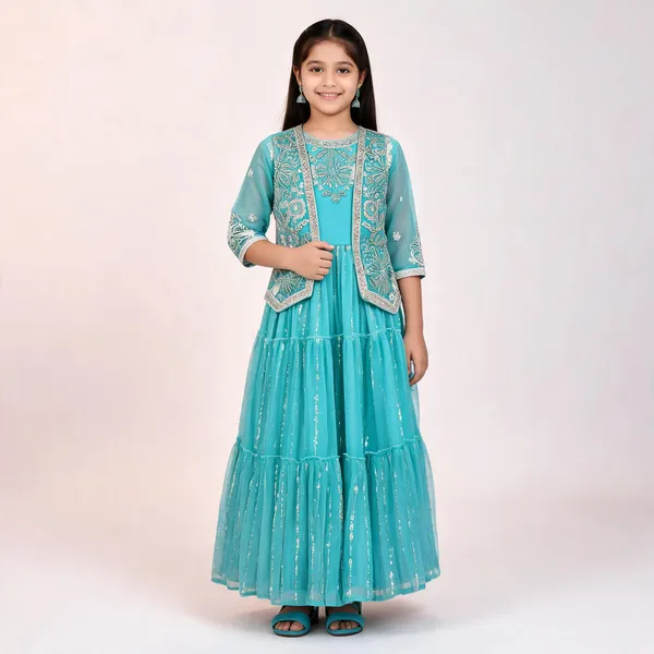 Turquoise_Georgette_Embellished_Tiered_Gown_With_Jacket_For_Girls