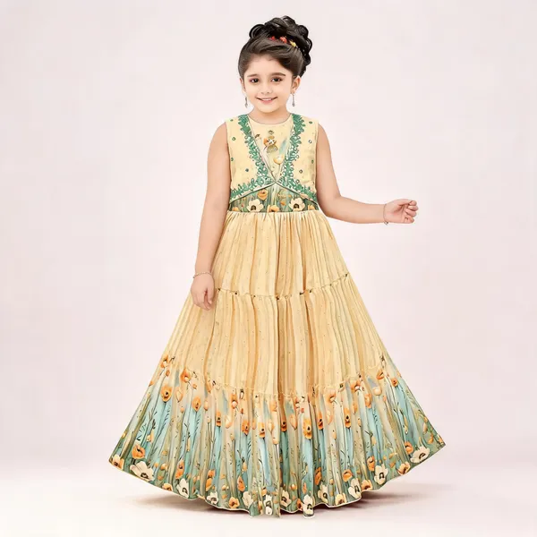 Beige_Floral_Print_Georgette_Sleeveless_Gown_For_Girls