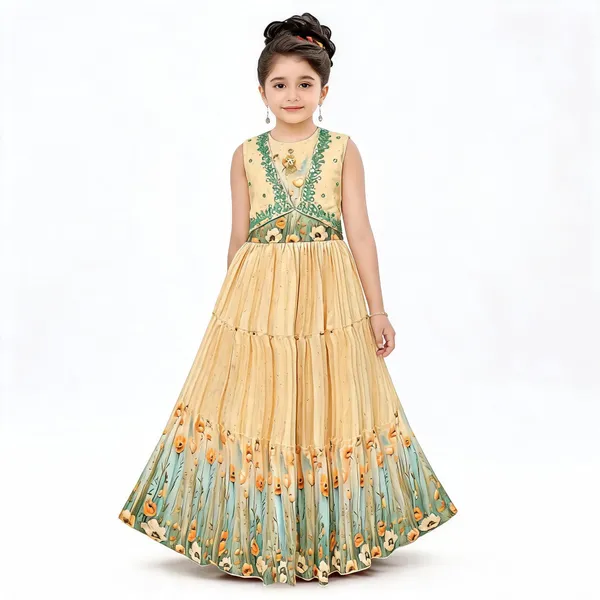 Beige_Floral_Print_Georgette_Sleeveless_Gown_For_Girls