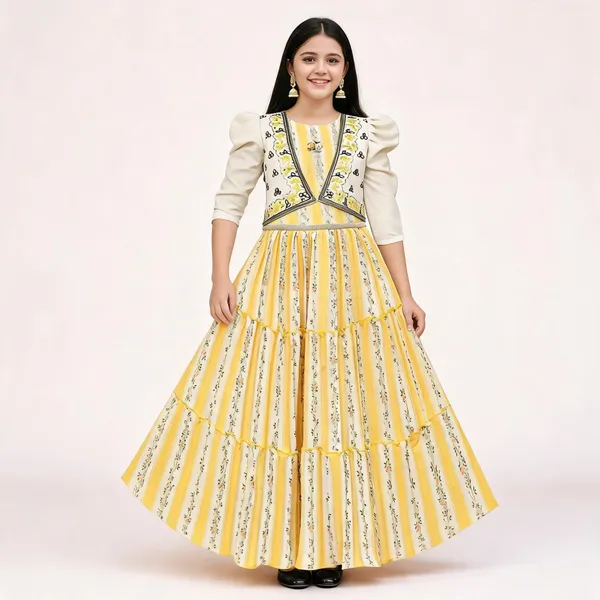 Yellow_Georgette_Floral_Print_Flared_Gown_For_Girls