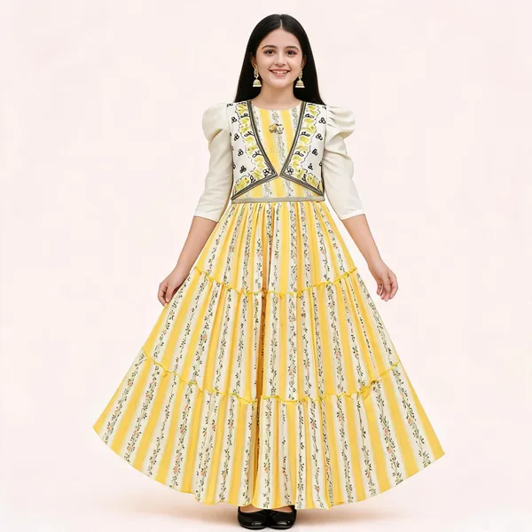 Yellow_Georgette_Floral_Print_Flared_Gown_For_Girls