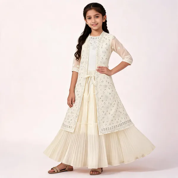 White_Georgette_Embroidered_Jacket_Flared_Gown_For_Girls