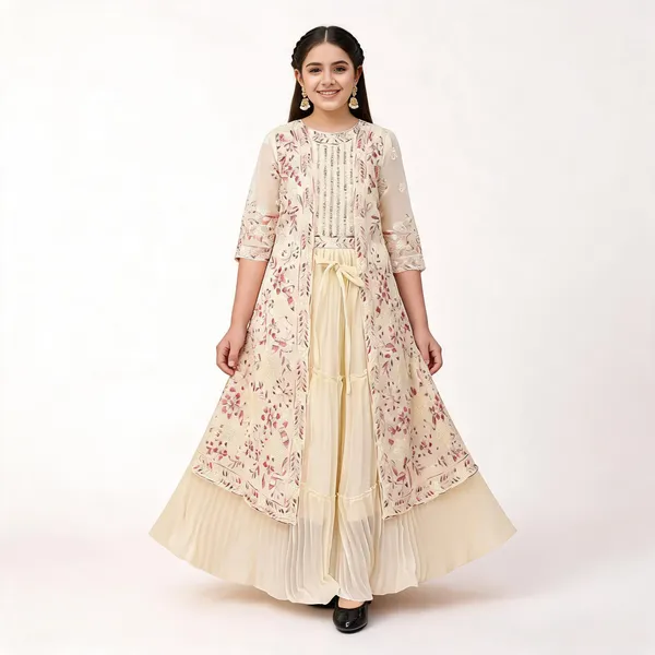 Cream_Georgette_Floral_Printed_Jacket_Flared_Gown_For_Girls
