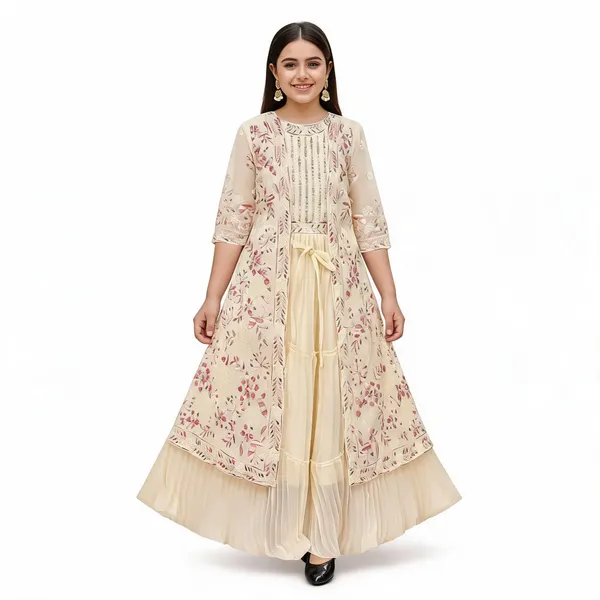 Cream_Georgette_Floral_Printed_Jacket_Flared_Gown_For_Girls