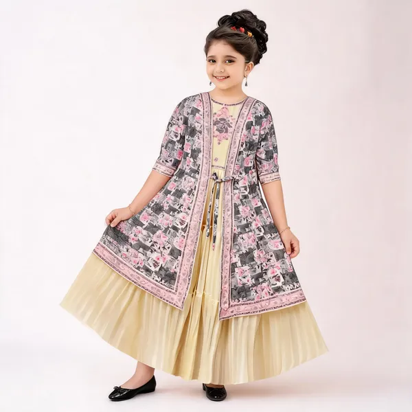 Cream_Georgette_Printed_Layered_Flared_Gown_For_Girls