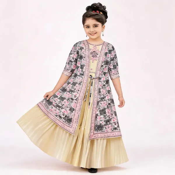 Cream_Georgette_Printed_Layered_Flared_Gown_For_Girls
