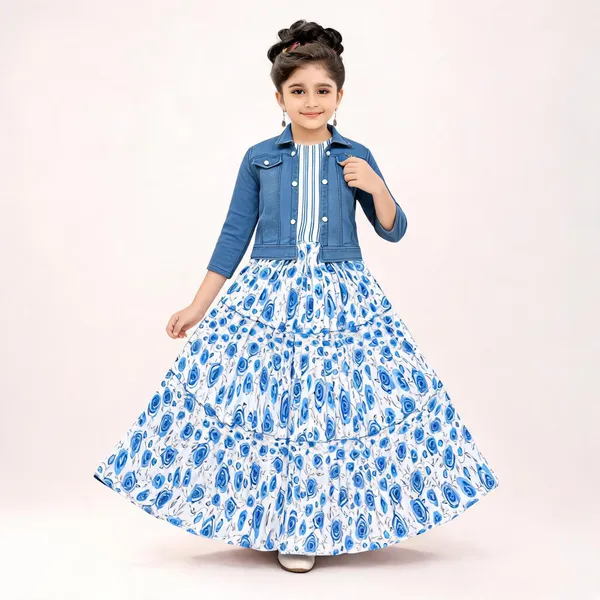 Blue_Georgette_Printed_Layered_Jacket_Dress_For_Girls