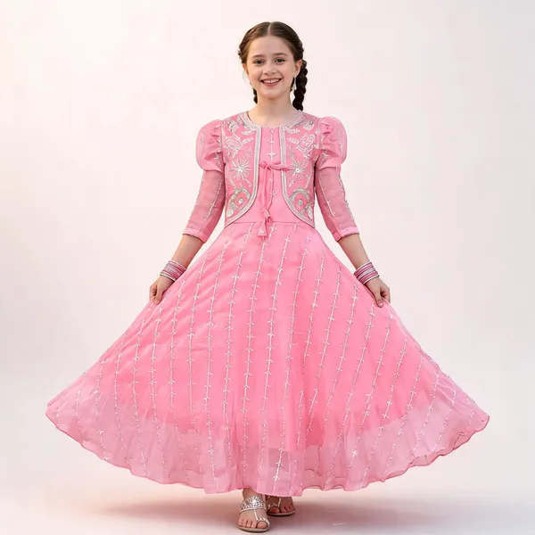 Pink_Georgette_Embroidered_Anarkali_Jacket_Gown_For_Girls