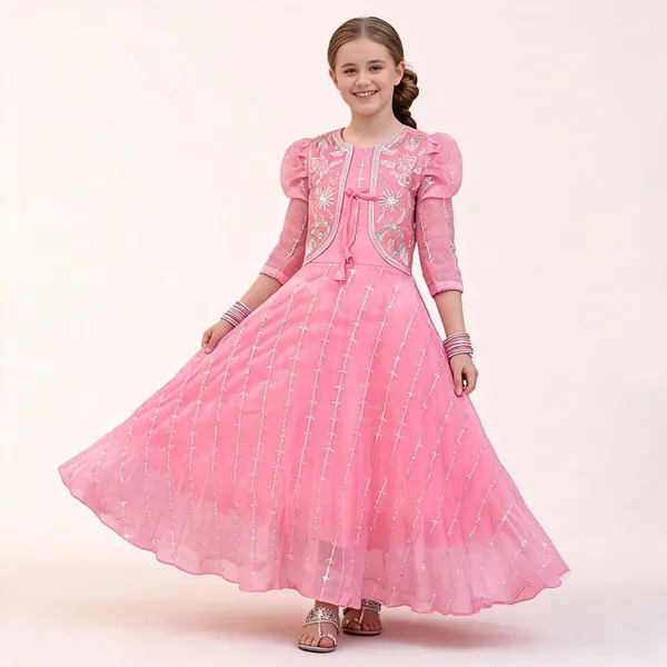 Pink_Georgette_Embroidered_Anarkali_Jacket_Gown_For_Girls