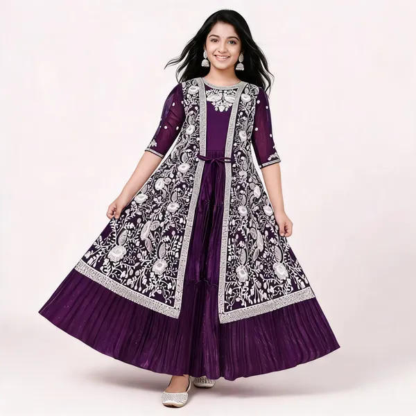 Purple_Floral_Print_Georgette_Jacket_Style_Flared_Gown_For_Girls