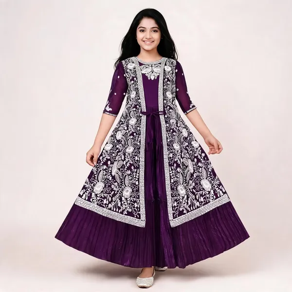 Purple_Floral_Print_Georgette_Jacket_Style_Flared_Gown_For_Girls