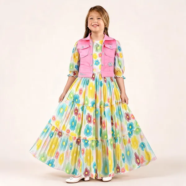 Multicolor_Floral_Print__Cotton_And_Polyster_Flared_Dress_With_Vest_For_Girls