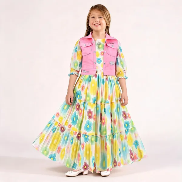 Multicolor_Floral_Print__Cotton_And_Polyster_Flared_Dress_With_Vest_For_Girls