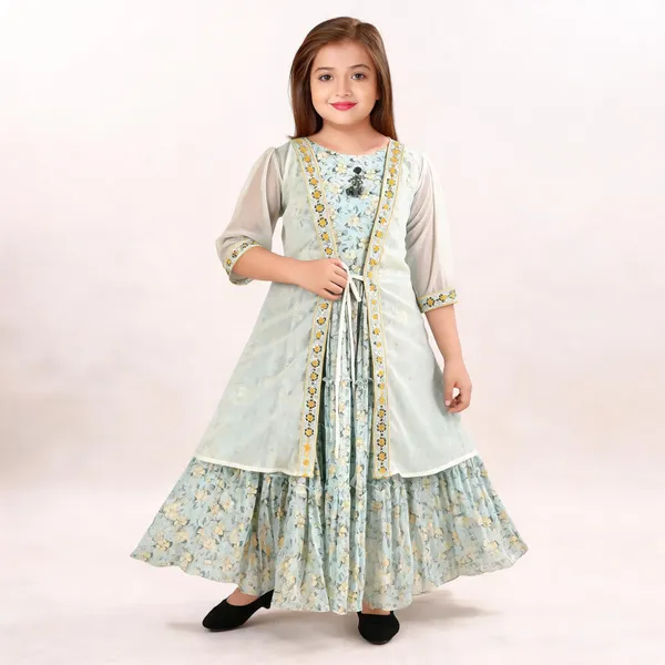 Mint_Green_Georgette_Floral_Layered_Flared_Dress_For_Girls