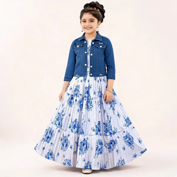 White_And_Blue_Georgette_Flared_Jacket_Gown_For_Girls