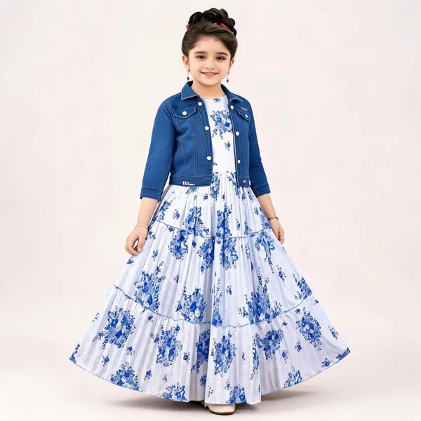 White_And_Blue_Georgette_Flared_Jacket_Gown_For_Girls