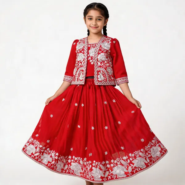 Red_Georgette_Embroidered_Flared_Lehenga_Set_For_Girls