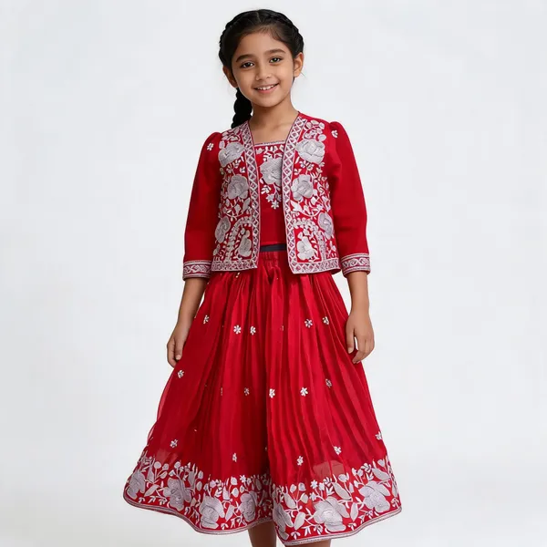 Red_Georgette_Embroidered_Flared_Lehenga_Set_For_Girls