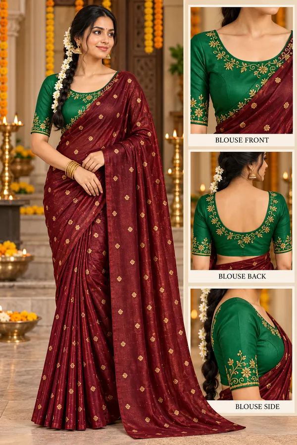 Burgundy_Embroidered_Saree_With_Green_Blouse_for_Women