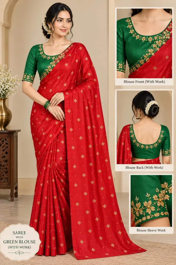 Red_Embroidered_Saree_With_Green_Blouse_for_Women