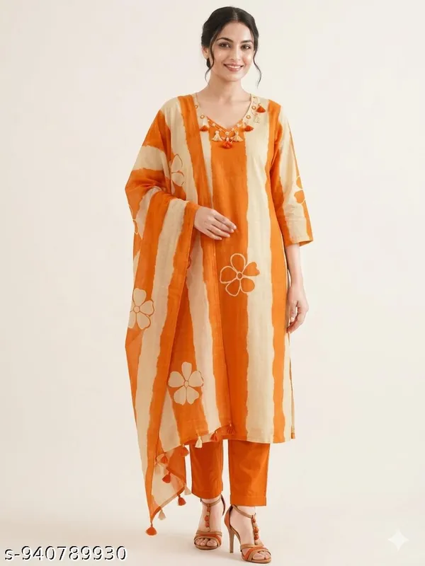Orange_Floral_Print_Straight_Kurta_Set_for_Women