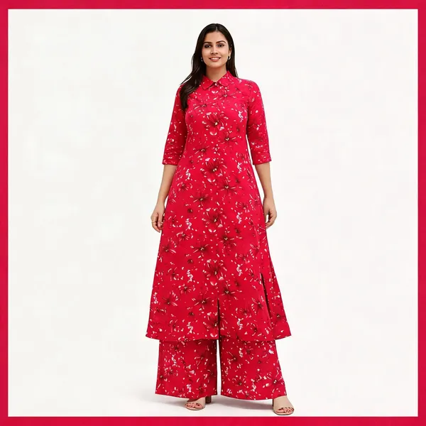 Red_Floral_Print_Straight_Kurta_Set_For_Women