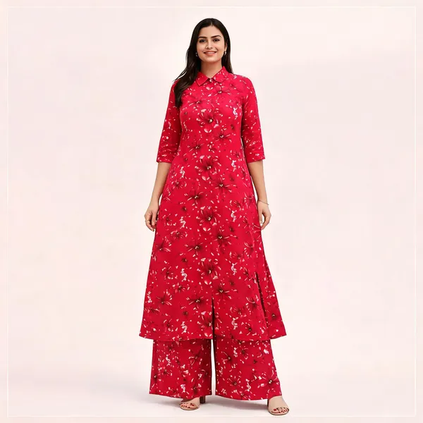 Red_Floral_Print_Straight_Kurta_Set_For_Women