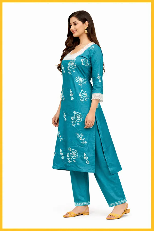 Teal_Floral_Print_Straight_Kurta_Set_For_Women