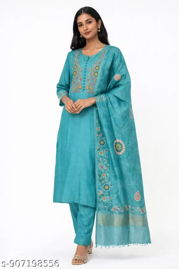 Turquoise_Embroidered_Straight_Kurta_Set_for_Women