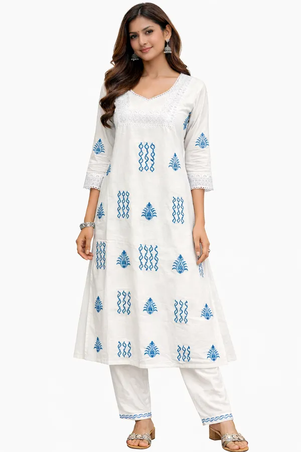 White_Printed_Flared_Kurta_Set_For_Women