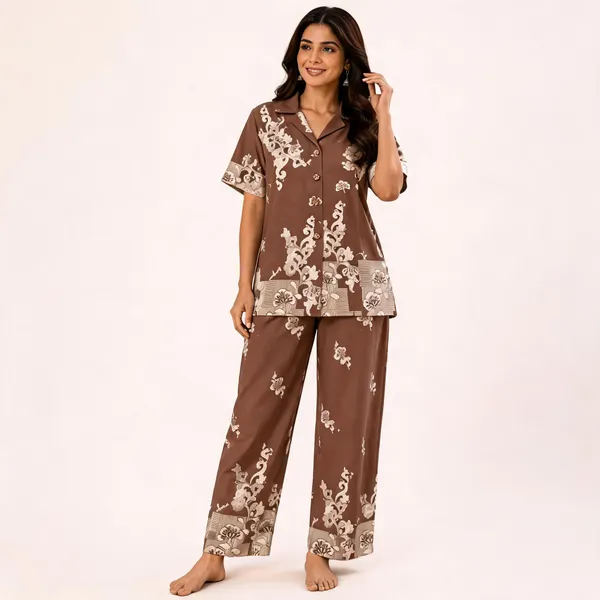 Brown_Relaxed_Fit_Printed_Pajama_Set_For_Women