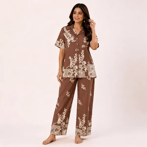 Brown_Relaxed_Fit_Printed_Pajama_Set_For_Women