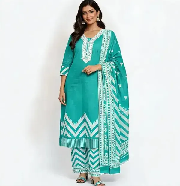 Turquoise_Embroidered_Straight_Kurta_Set_For_Women