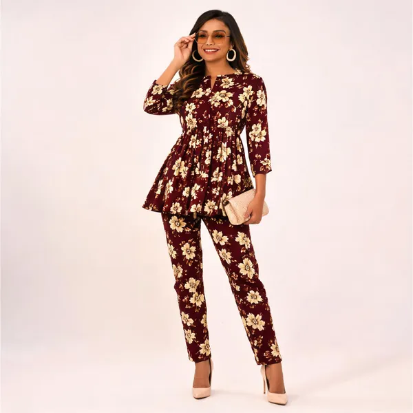 Maroon_Floral_Print_Flared_Co_Ord_Set_For_Women