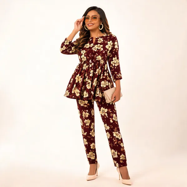 Maroon_Floral_Print_Flared_Co_Ord_Set_For_Women
