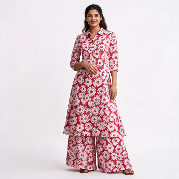 Red_Floral_Printed_Kurta_Set_For_Women