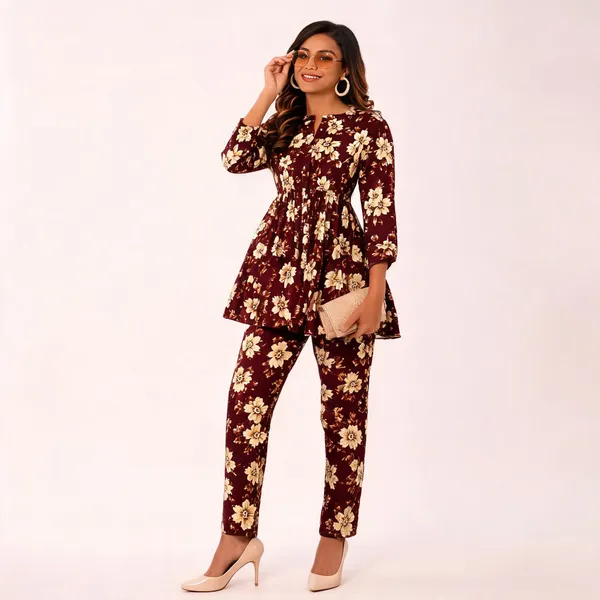 Maroon_Floral_Print_Peplum_Co_Ord_Set_For_Women