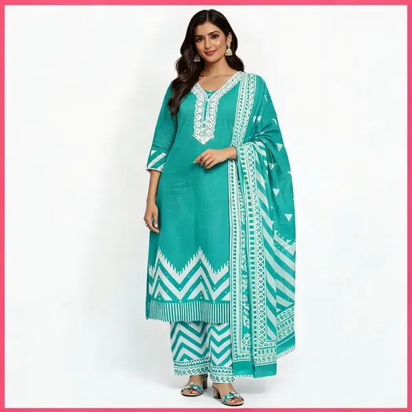 Turquoise_Embroidered_Straight_Kurta_Set_For_Women