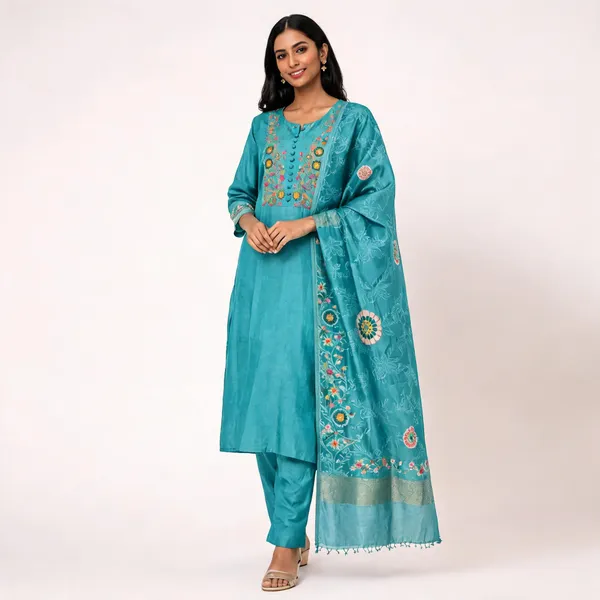 Turquoise_Embroidered_Straight_Kurta_Set_For_Women
