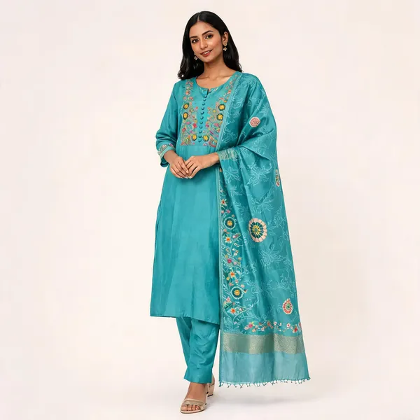 Turquoise_Embroidered_Straight_Kurta_Set_For_Women