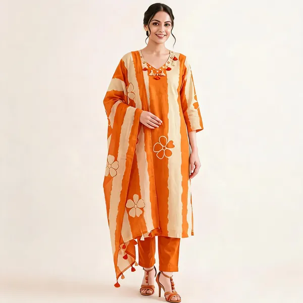 Orange_Floral_Print_Straight_Kurta_Set_For_Women