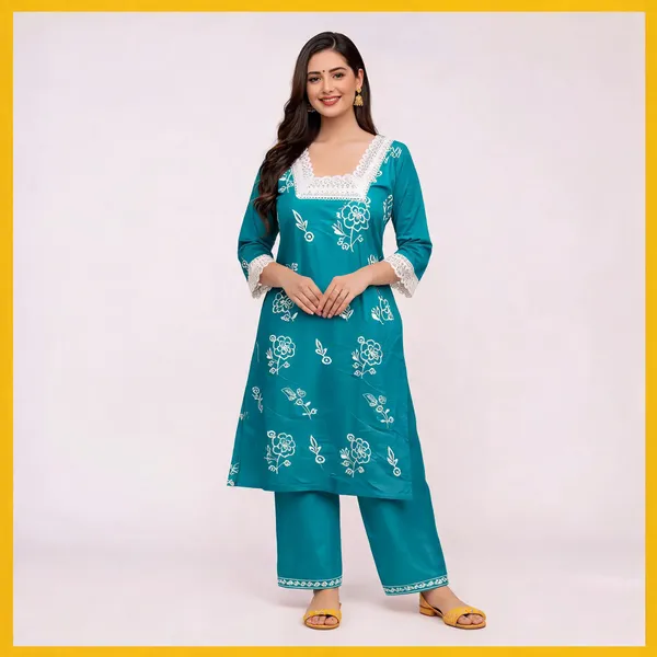 Teal_Embroidered_Straight_Kurta_Set_For_Women