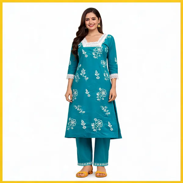 Teal_Floral_Print_Straight_Kurta_Set_For_Women