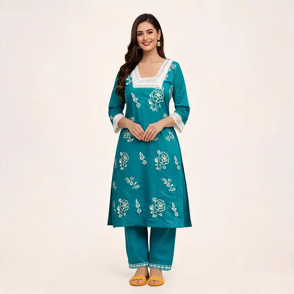Teal_Floral_Print_Straight_Kurta_Set_For_Women