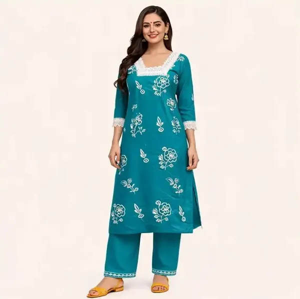 Teal_Embroidered_Straight_Kurta_Set_For_Women
