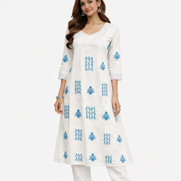White_Printed_Flared_Kurta_Set_For_Women