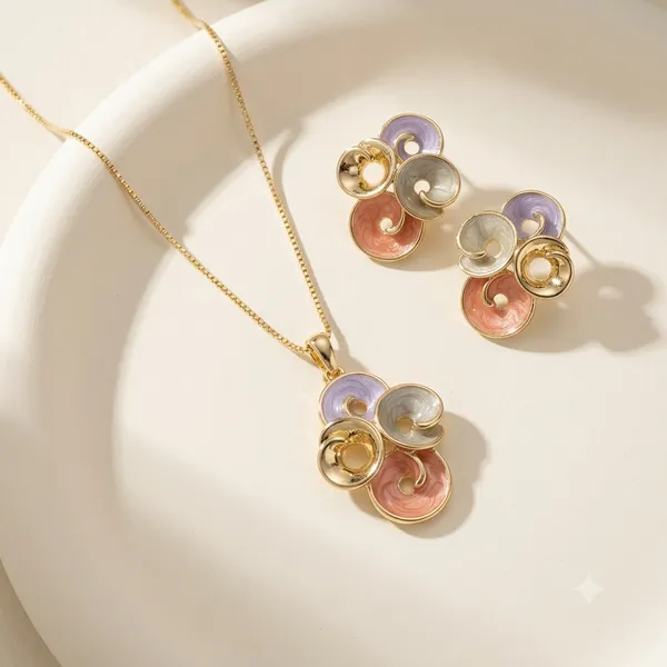 Multicolor_Stainless_Steel_18_Carat_Gold_Plated_Pendant_Set_With_Earrings_For_Women
