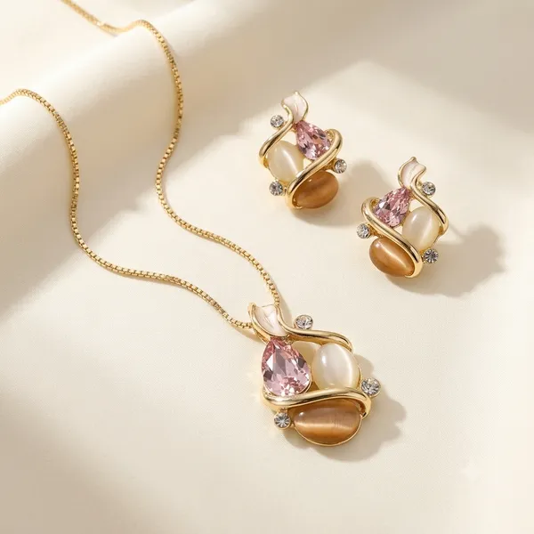 Multicolor_Stainless_Steel_18_Carat_Gold_Plated_Pendant_Set_With_Earrings_For_Women