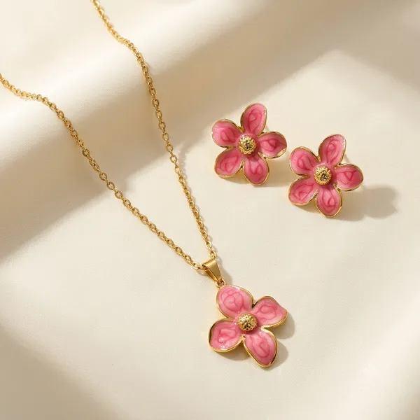 Pink_Stainless_Steel_18_Carat_Gold_Plated_Pendant_Set_With_Earrings_For_Women