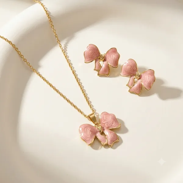 Pink_Stainless_Steel_18_Carat_Gold_Plated_Pendant_Set_With_Earrings_For_Women